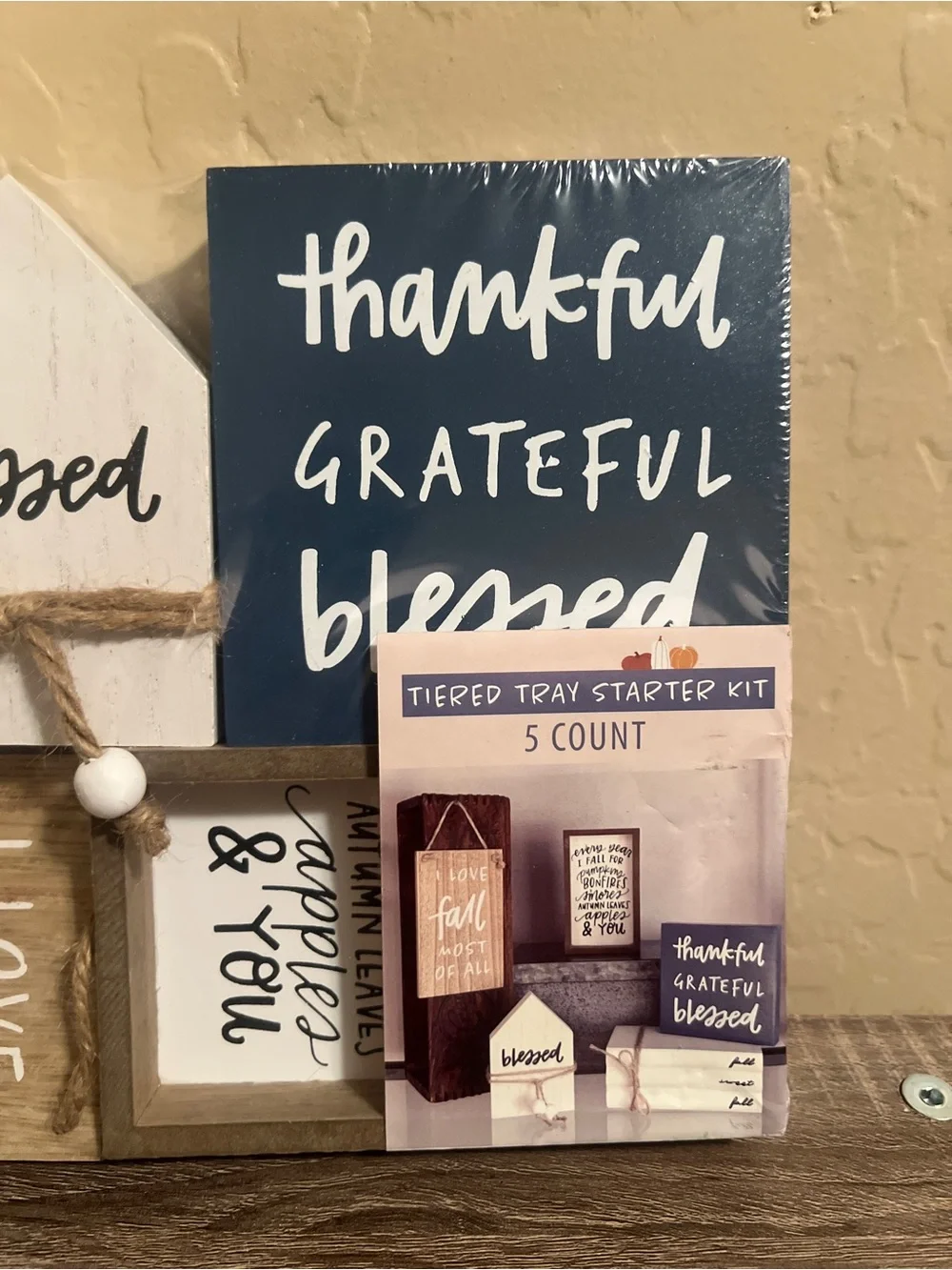 Target Bullseye Fall Autumn Tiered Tray Signs Wood Blue Thankful Blessed NWT